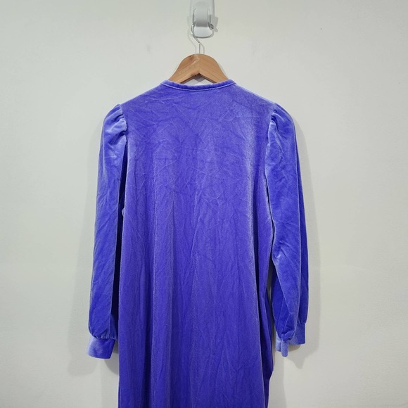 Vintage Anne Leslie Velvet Nightgown House Dress Blurple Half-Zip Lace Pocket - Picture 5 of 15